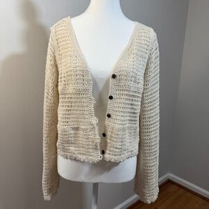 Rebellion Again Crochet Cardigan Women Large Cream Excellent Cotton Open Knit